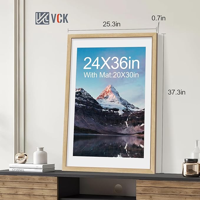 VCK 24x36 Poster Frame 5 Pack - Natural Oak, High-End Wood Picture Frames with Polished Plexiglass, Display 20x30 Photo with Mat or 24x36 without Mat, Art Gallery-Quality, Wall Hanging, Natural Oak