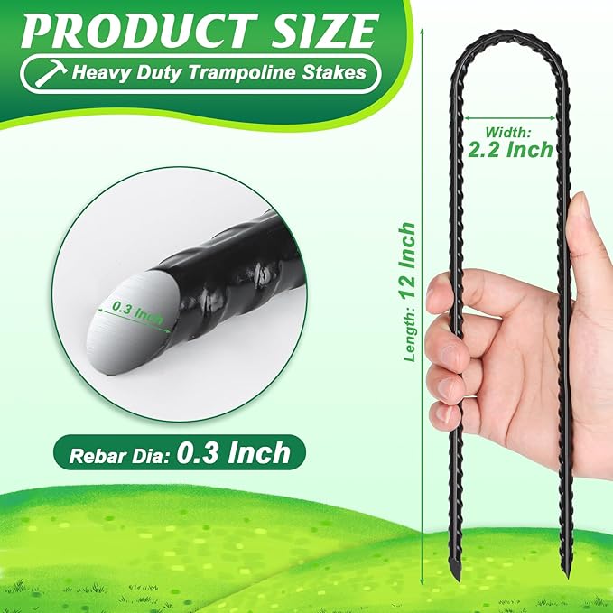 Gtongoko Trampolines Wind Stakes 8 Pack 12 Inch,Heavy Duty U Shaped Rebar Tent Stakes Ground Anchors Galvanized Steel Safety Trampoline Anchors for Camping Tents, Soccer Goals