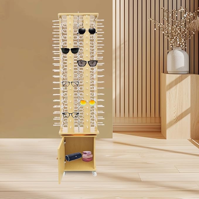 Sunglasses Display Stand, 144 Pairs Wooden 360° Rotating Sunglass Eyeglass Holder Organizer, Glasses Hanger Storage Rack for Retail Commercial Display, W14.6*H66.1in (Wood Color)