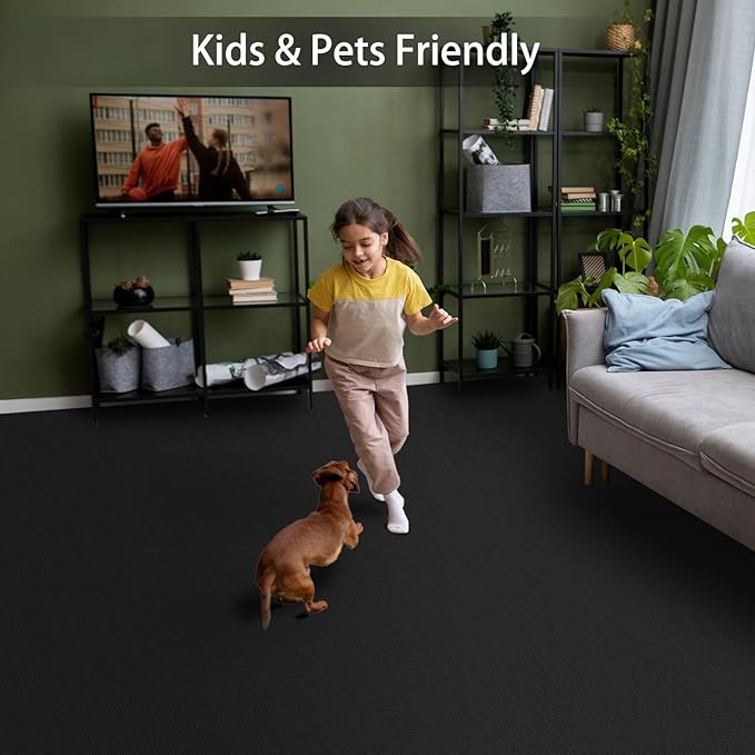 Peel and Stick Carpet Tiles, 12" x 12" Self-Adhesive Soft Floor Stickers,Black Easy Install DIY Rug for Kids' Room, Bedroom, Dining Room, 20 PCS (20 sq ft/Box)
