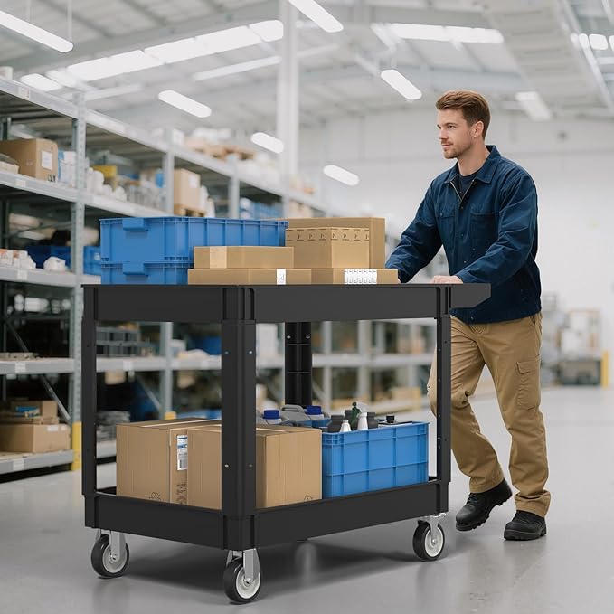 550LBS Utility Cart, 2-Tier 46x25 Inch Utility Cart with Wheels,Heavy Duty Service Cart-Lipped Shelves,Ergonomic Storage Handle and Swivel Wheels for Warehouse, Garage, Cleaning,Black