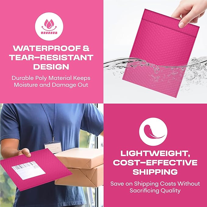 Hot Pink Small Poly Bubble Mailers 6x10 inch #0 | Self Seal Padded Envelopes | Cushioned Bubble Mailer | Usable Size 6x9 | WaterProof | Lightweight mailing Shipping Bags | 250 Pack Bulk