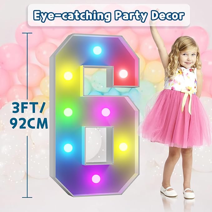 imprsv 3FT Colorful Marquee Numbers,18 Colors with Remote, Light Up Numbers 6 for 16th 60th Birthday Decorations Anniversary Party Decor, Pre-Cut Foam Board Kit, Mosaic Sign for Balloon