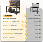 48" Heavy Duty Work Bench Adjustable Height Max Load 2000 LBS with Storage Shelf for Garage Workbench, Rubberwood Tabletop with Pegboard, LED Light, Built-in Power Strip for Woodworking Shop