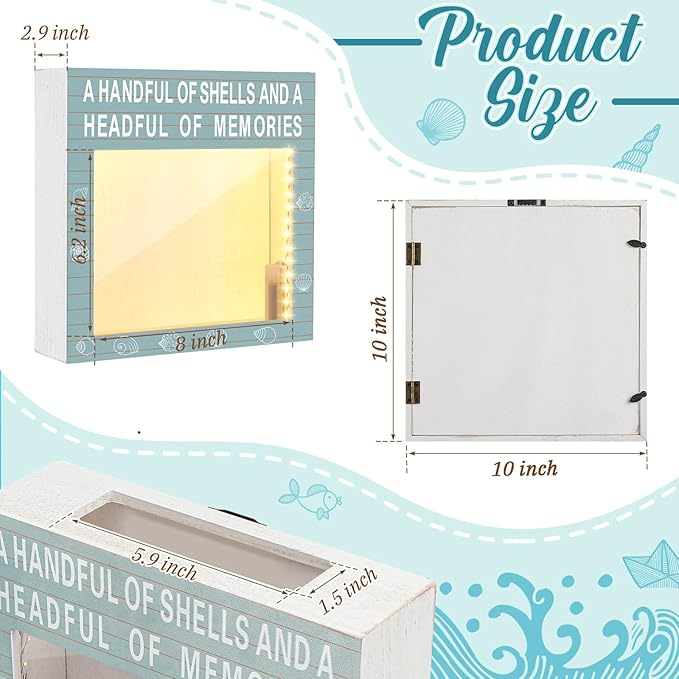 Juexica Seashell Holder with Light Display Box Room Decor Ocean Themed Gifts for Christmas Display Case Sea shells Beach Coastal Decor Acrylic Wall Hanging (Retro Blue,Shells)