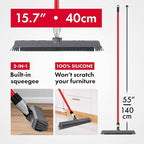 2-in-1 Silicone Rubber Broom Carpet Rake and Squeegee - Swivel Pet Hair Removal Broom with 1 Piece Long Handle - Slanted Side Bristles for Corners - Multipurpose Broom for Carpet, Hardwood Floor, Tile
