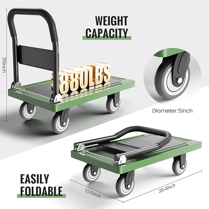 Upgraded Foldable Push Cart Dolly | 880 lbs. Capacity Moving Platform Hand Truck | Heavy Duty Space Saving Collapsible | Swivel Push Handle Flat Bed Wagon - Green