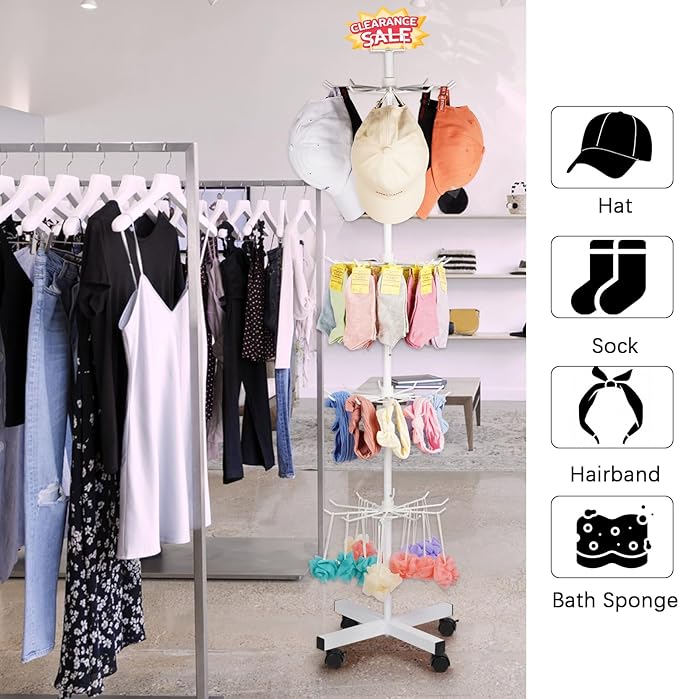 5-Tier Metal Spinning Display Stand Rack with Wheels, Keychain Jewelry Stocking Hat Display Stand, White