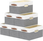 Yawinhe Fabric Storage Baskets, Foldable Closet Organizer for Shelves, Large Boxes with 3 Handles, Canvas Bins for Clothes, White/Grey, 12.99''Lx9.05''Wx7.87''H, 6-Pack