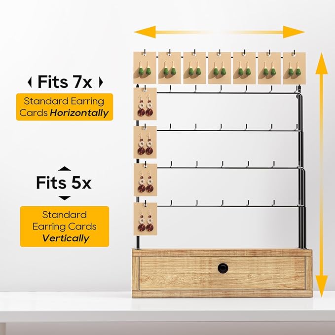 ORLESS 5-Tier Jewelry Display for Vendors, Earring Holder Organizer with Storage Drawer Box, Necklace Display Holder for Selling, Earring Cards Organizer for Bracelets, Rings, Natural Wood(35 Hooks)