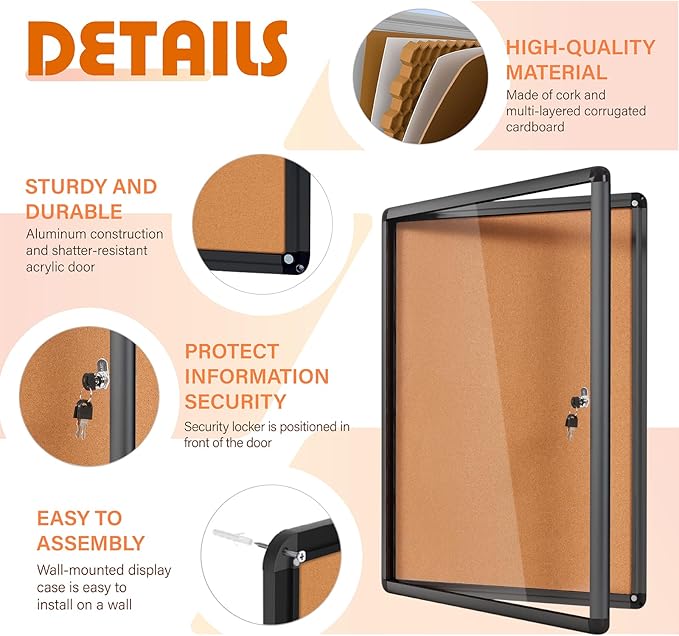 Enclosed Bulletin Board Cork Board 36x24 in, Lockable Wall Display Case for Office School Home Commercial, Tamperproof and Shatter Resistant, Black Aluminum Frame