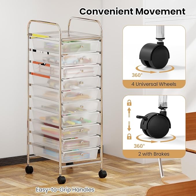 Giantex Rolling Storage Cart with 10 Drawers, Utility Cart with Tabletop, Drawer Organizer with Wheels for Craft Art Paper Tool, Mobile Organization & Sorting for Office Home School School Supplies