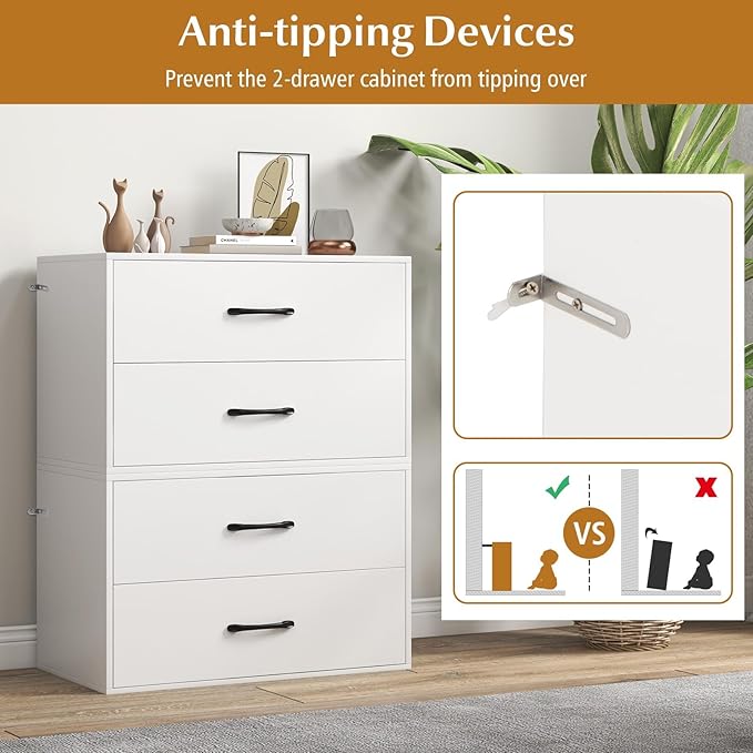 SIMOE White Stackable 2-Drawer Dresser for Bedroom, Short Storage Cabinet with Handles and Anti-Topping Device, Small Chest of 2 Drawers for Bedroom