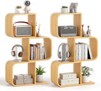 Giantex 3-Tier Bamboo Bookshelf Set of 2, S-Shaped Bookcase with 3 Open Cubes, Geometric Corner Display Shelf, Decorative Storage Organizer, Floor Storage Rack for Living Room, Home Office, Natural