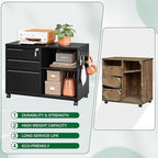 3 Drawer File Cabinet with Lock,Mobile Lateral Filing Cabinet,Metal Printer Stand Storage Cabinets with Shelves for Home Office(Black)