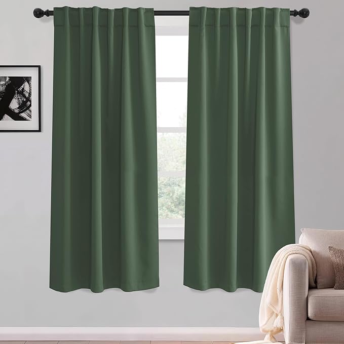 KGORGE Dark Green Curtains 63 inch Length, Privacy Thermal Insulation Room Darkening Noise Reducing Drapes for Bedroom Nusery Living Room, Back Tab Rod Pocket, W52 x L63 inches, 2 Panels