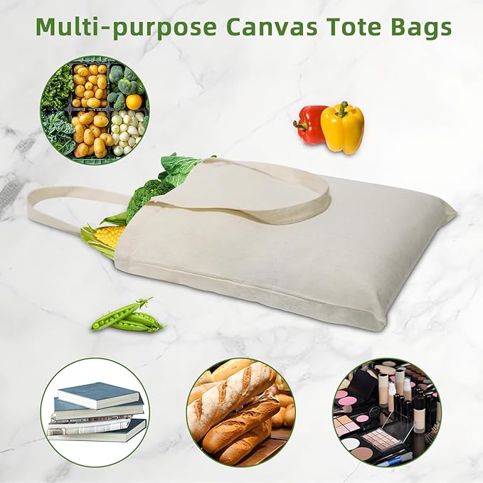 6 I 12 I 24 I 48 Pack Canvas Tote Bags,Reusable Blank Canvas for Shopping Bags,Grocery Bags,DIY Gift Bags