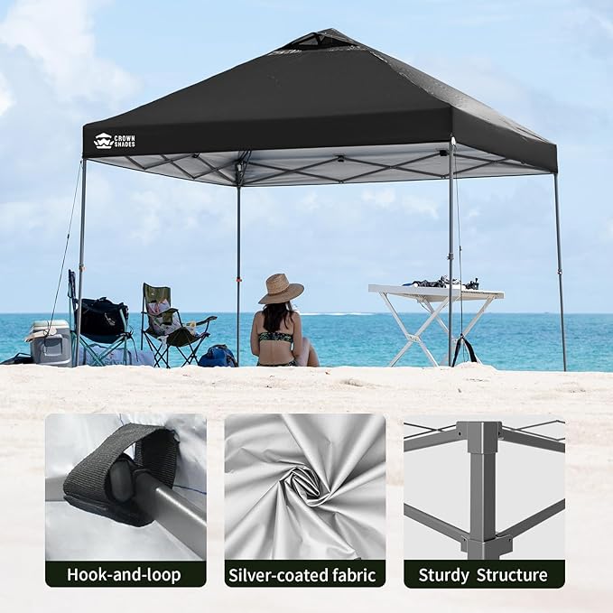 CROWN SHADES Adjustable Height on The Fly, 10x10 Pop Up Canopy - Beach Tent with One Push Setup - Easy Outdoor Sun Shade for Events, Parties, Camping - Outside Shade with STO-N-Go Bag, Black