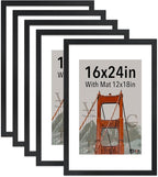 VCK 16x24 frame 5 Pack, Display Poster 12x18 with Mat or 16x24 without Mat, Textured Exclusive Solid Wood Picture Frame, Black