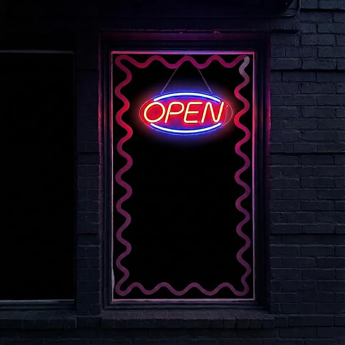 LED Open Sign 13.8"x5.9" for Shop/Bar/Salon Window/Door, Neon Open Sign, Colorful Strip, USB Powered, Transparent Backboard, Hooks/Screws/Chain