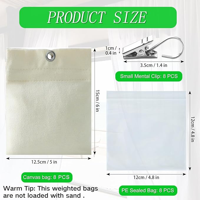 8 Pack Outdoor Curtain Weights, 15oz Outdoor Curtain Sandbag Weighted Bags Drapery Weights Bottom Patio Curtain Weights Bags Holder Clip for Pergola Drapes Cabana Gazebo Garden