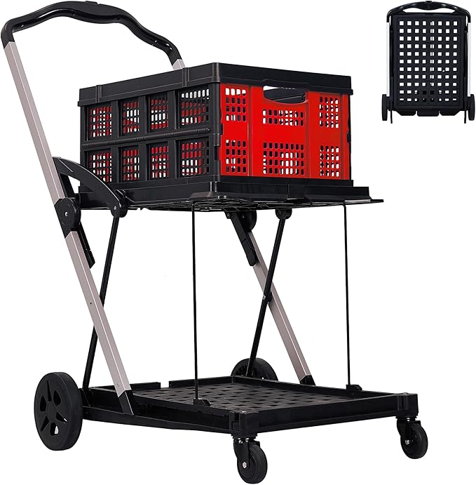 Foldable Shopping Cart with 2 Storage Crates – 2-Tier Collapsible Utility Cart, Aluminum Trolley with 360° Rolling Swivel Wheels & Removable Baskets for Groceries, Office, Travel, Apartment