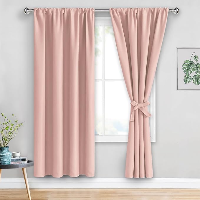 JIUZHEN Blush Pink Blackout Curtains for Bedroom - Curtain Drapes Set of 2 Panels with Tiebacks, Thermal Insulated Room Darkening Noise Reducing, 42 x 72 Inch Curtains for Girls Room