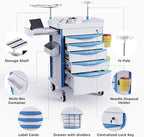 Adjustable Rolling Medical Storage Crash Cart - Includes Silent Casters, IV Pole, Needle Disposal Holder, Trash Bin & O2 Holder - Ideal Nursing Trolley for Clinics, Hospitals
