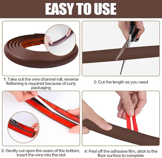 Floor Cord Cover Self Adhesive Cord Hider,3.3FT Cable Management, Extension Strip Protector for Wires, Prevent Cable Trips for Offices, Gyms, Exhibitions Cavity:0.39"(W) x 0.27"(H) Coffee