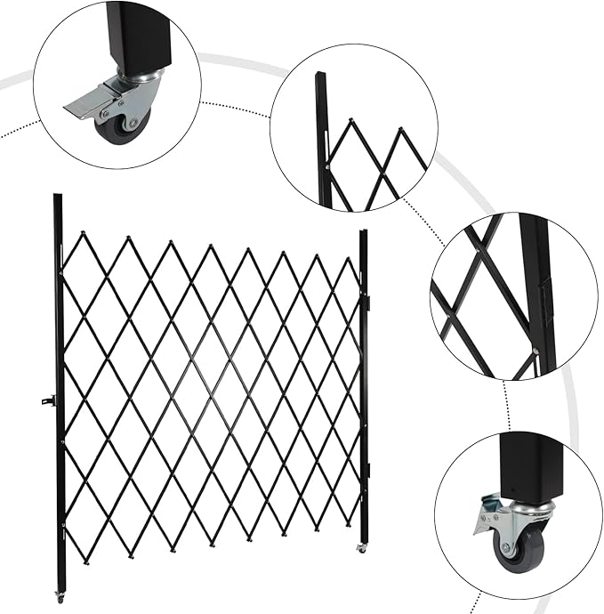 Single Folding Security Gate 7.22'Hx6.56'W Iron Accordion Security Gate Flexible Expanding Security Gate 360° Rolling Barricade Scissor Door with Padlock for Entry Security, Garage, Warehouse