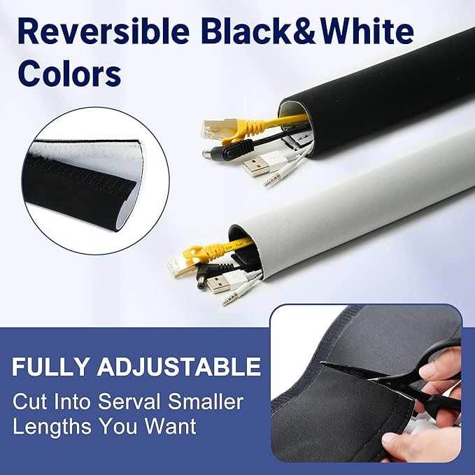 Neoprene Cable Management Sleeve 10ft (120 inch) - 1.5 inch, Velcro Cuttable Cord Organizer, Split Wire Loom Tubing Reversible Cord Protector for TV USB PC Ethernet Cable Hider Protect Pets Kids