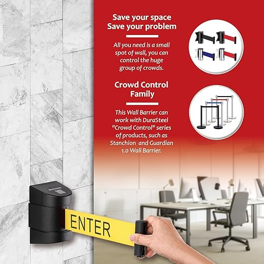 DuraSteel Wall Mount Crowd Control Retractable Belt Barrier - 9.2 Ft Yellow Do NOT Enter Retractables Barrier Belt w/Yellow ABS Casing Crowd Control Barriers Line NOT Stanchions with Retractable Belts