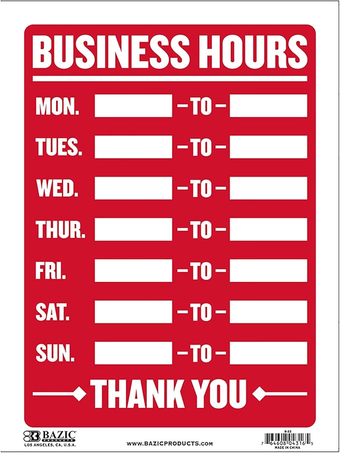 BAZIC Products Business Hours Sign 9"X12", Open Closed Signs Signage For Business Store Office Door Window Restaurants Bars Retail Salon Shop, 24-Pack