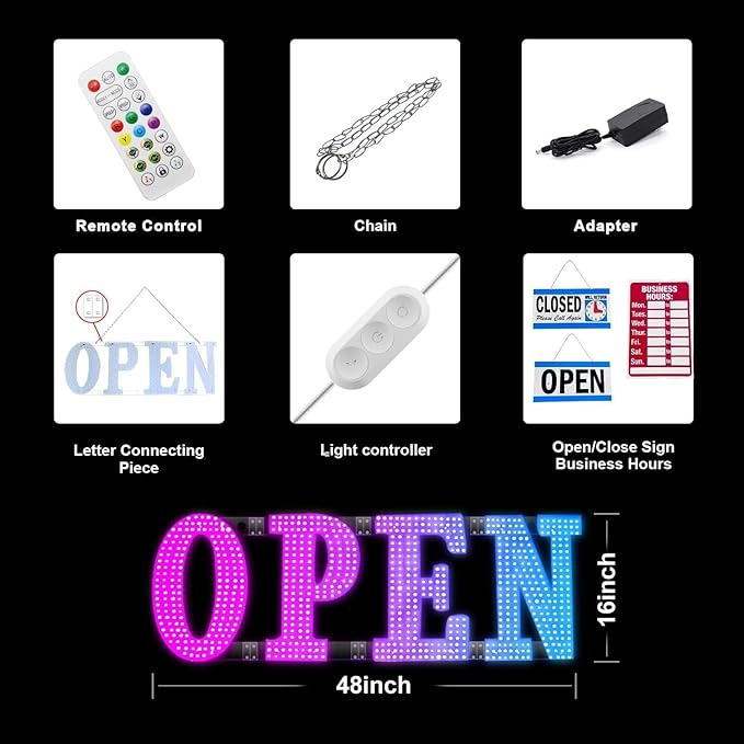 48"x16" Large Open Sign Led for Buisness with Remote Smart APP - Timer and Adjustment Brightness &Color, Open Closed Sign for Bar Store Restaurant Office Hotel Salon