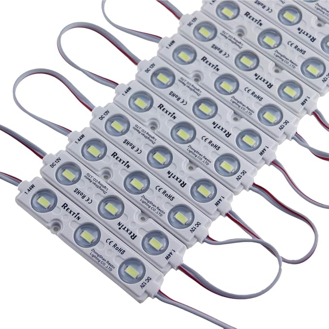 Rextin Super bright 200pcs 3 LED Module Warm White 5630 5730 SMD 40-45LM Per led Waterproof Decorative Light for Letter Sign Advertising Signs with Tape Adhesive Backside
