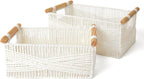 LA JOLIE MUSE Wicker Storage Baskets for Organizing, Recyclable Paper Rope Basket with Wood Handles, Decorative Hand Woven Basket Organizers for Makeup Books Shelves Living Room, White, Set of 2