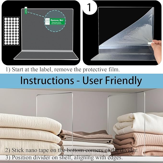 Acrylic Shelf Dividers for Closet Organization: 10" Tall x 12" Deep Closet Shelf Divider for Clothes Sweater Purse - Clear Closet Organizers and Storage Separators for Shelves, 4Pack