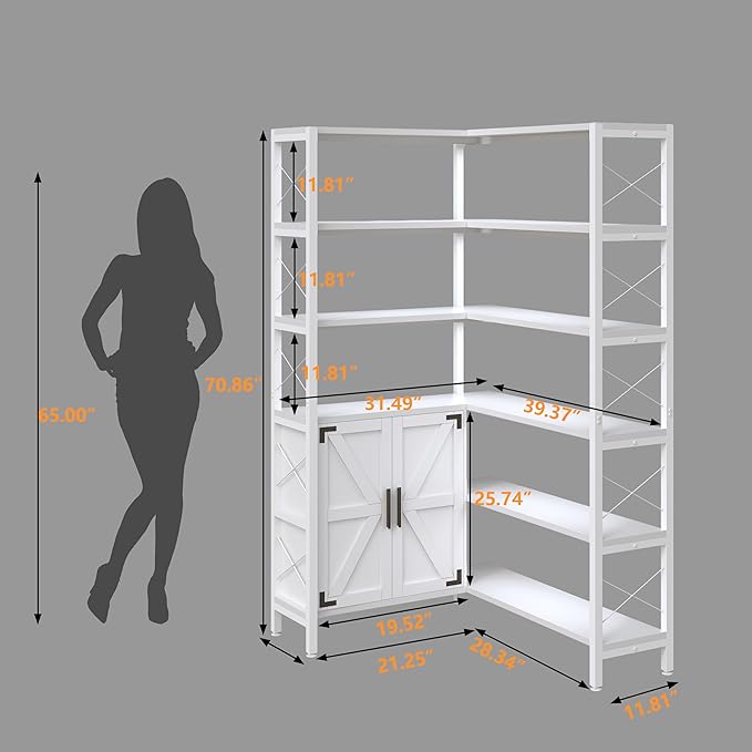 6-Shelf Corner Bookshelf, Vintage Industrial Corner Shelf Etagere Bookcase, Large Book Shelf with Metal Frame Open Storage Corner Cabinet (White-Lockers, Small)