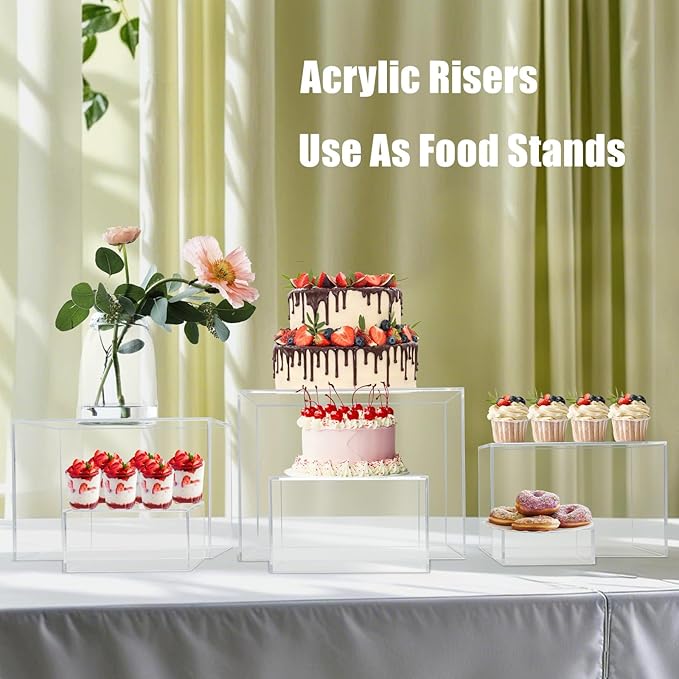 Clisela 3pcs Acrylic Cube Display Stands Box Risers with Hollow Bottoms, Food Risers for Buffet Table, Decorative Display Stand Shelf for Dessert Collectibles Jewelry Figures Show - Clear 6" 7" 8"