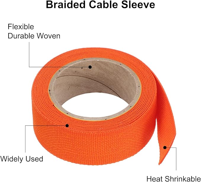 MECCANIXITY Braided Cable Sleeves Heat Shrinkable Fabric Sleeving, 7/8" 10ft Orange 2:1 Ratio Heat Shrinkable Cord Protector for Harness Cable, Network Cable Protection, Cable Management