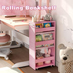 MARTY Rolling Storage Cart 7.9" W, 4-Tier Kitchen Cart with Wheels Handle, Slim Storage Cart Mobile Shelving Utility Carts for Bathroom Laundry Room Organization Narrow Places (Pink)