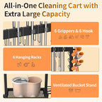 Cleaning Supplies Organizer with Broom Holder Load 150 LBS Cleaning Cart with Wheels Broom Closet Storage with 6 Mop Hanger Grippers, 3 Double-Hooks, Vacuum Stand for Laundry Room Organization, Black