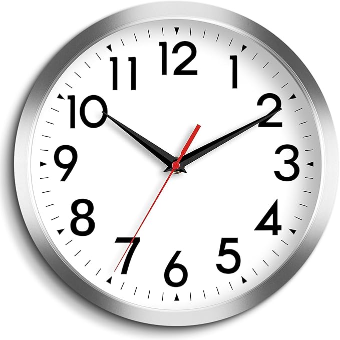 14 Inch Wall Clock Large Battery Operated Big Silent Non Ticking Analog Decorative for Living Room Office Kitchen Outdoor Classroom Bedroom Bathroom School Home(Silver)