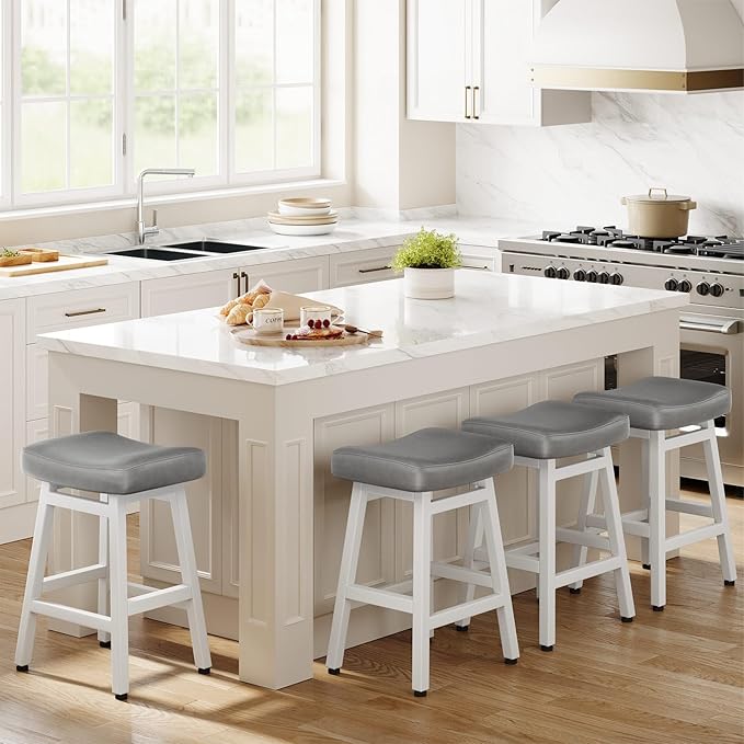 Counter Height Bar Stools Set of 2, 24 Inch Barstools for Kitchen Counter, Kitchen Stools with Bonded Leather Saddle Seats & Heavy Duty Metal Legs, Easy Assembly, Gray/Black