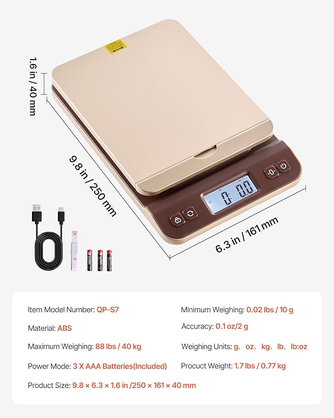 VEVOR Digital Shipping Postal Scale, 0.1 oz High Accuracy, 88 lbs Postal Scale with Hold/Tare/Auto-Off Function, Flip Holder Design & Easy Calibration, Fit for Home and Office Use, Battery Included