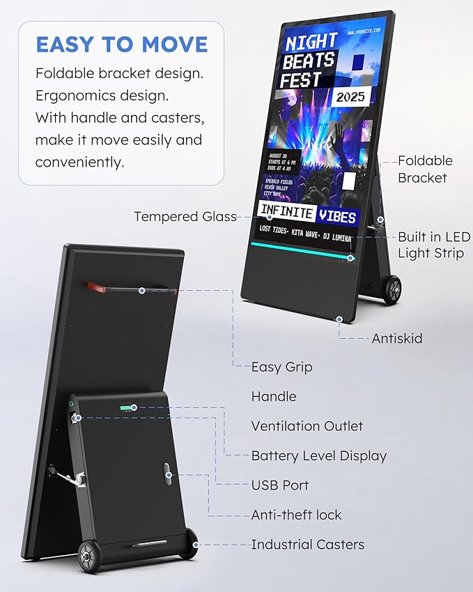 HARZHI 43 Inch Outdoor Digital Signage Display, Portable Powered High Brightness Screen Advertising Display Kiosk, Movable Waterproof Standing Poster, Business Helper, Android OS MWE