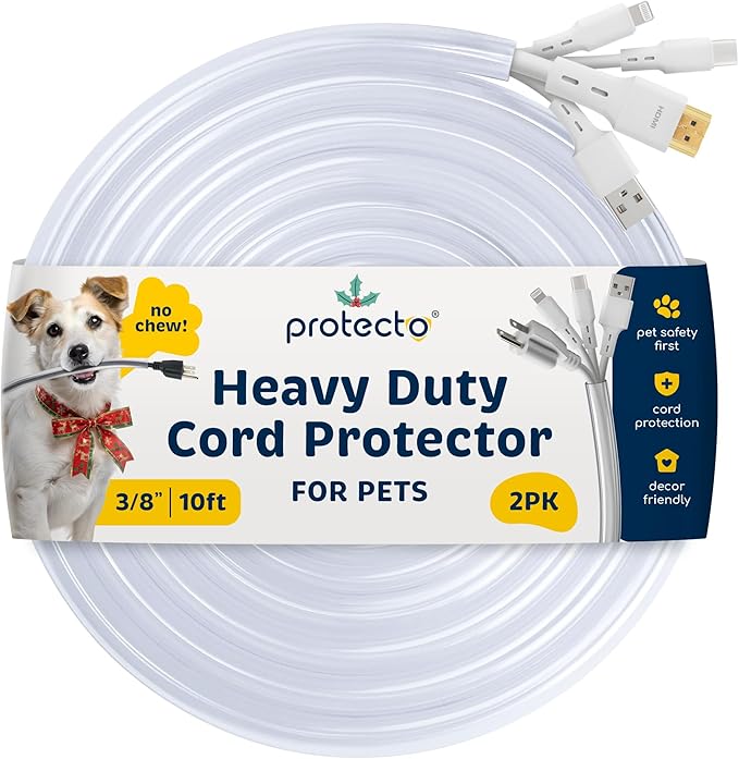 PROTECTO 2-Pack Heavy Duty Cord Protectors from Pets No Chew Solution, 10ft Easy to Use Dog & Cat Cord Protector, Clear & Odorless Critter Cord Cover for Pets, Power Audio Video Wire Protector Tubing