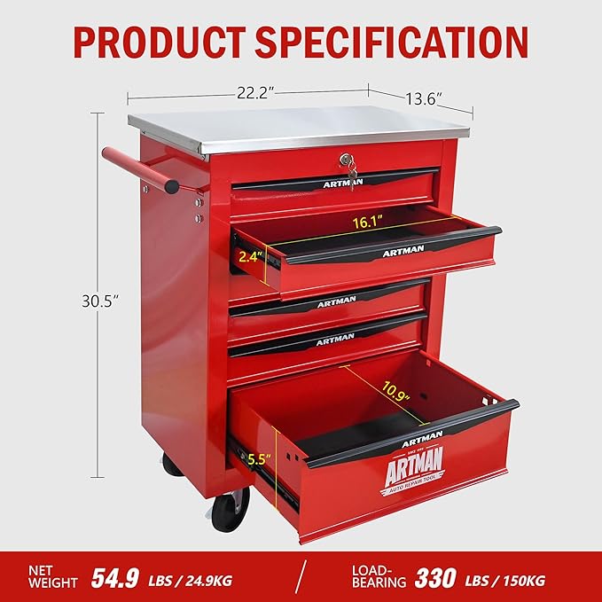 6 Drawers Tool Cart on Wheels with Stainless Steel Worktop, Heavy Duty Mobile Rolling Drawer Tool Chest with Locking Wheels & Lockable Drawers, Garage Tool Storage Cabinet (Red, 6 Drawers)