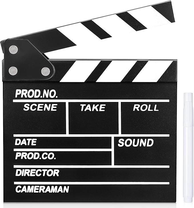 Movie Film Clapboard Hollywood Wooden-Clapper Board Directors Photography Studio Video TV Clapper Board with Erasable Pen Movie Theater Props Decor，Black Clap Board 7.8 X 7.5 inches
