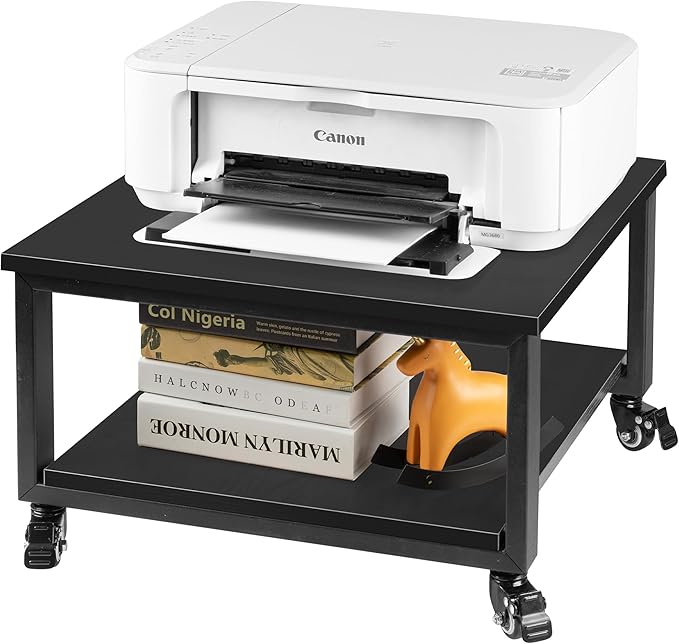 Under Desk Printer Stand - 2-Tier Industrial Mobile Printer Table with Storage Shelf, 19.7''x19.7''x12.6'' Heavy Duty Wood Rolling Printer Cart with Wheels for Home and Office,Classic Black